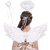 Jackcell Angel Wings for Kids, Angel costume with Halo Magic Wand, Feather Dress Up Props Cosplay Halloween Party (White)