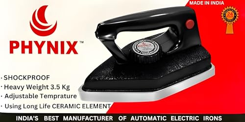 Image of Phynix 3.5 Kg Heavy Weight Dry Iron Press Box | Automatic Industrial Laundry Electric Iron with Cast Iron Base | 1000 Watts | 2 YEAR WARRANTY |for Home, Tailor, Hotels and Cloth Shop| Black