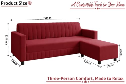 Image of 3 Seater Wooden Sofa with Ottoman | Modern Sofa Set for Living Room | Stylish Home Furniture Sofa with Comfortable Seating-Red