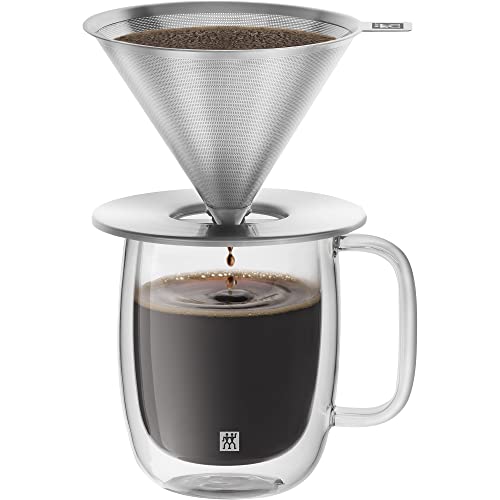 ZWILLING Sorrento Stainless Steel Pour Over Coffee Dripper with 12-oz Double-Wall Glass Coffee Mug