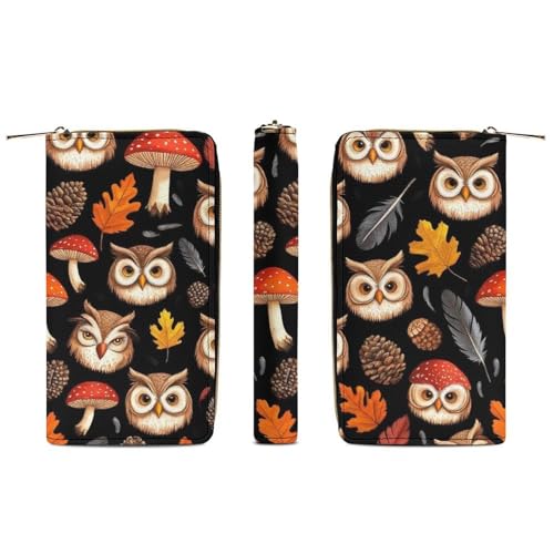 Girl's Long PU Wallet, Travel Purse Fashion Design, Huge Storage Capacity Purse, Cute Decor Zipper Wallet Floral Owls Fall Leaves Mushroom3