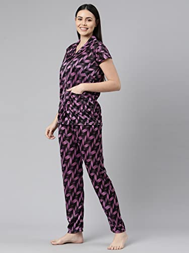 Image of LOODY'S Women's Abstract Print Night Dress | Women Satin Night Suit |Top and Pyjama Set for Girls