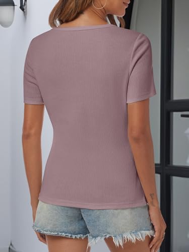 ATHMILE Womens Summer Short Sleeve V Neck Ribbed Knit Button Tunic Henley Solid Color Trendy BasicTee3