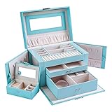 Kendal Large Leather Jewelry Box/Case / Storage/Organizer with Travel Case and Lock (Blue)