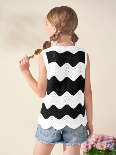Haloumoning Girls Knit Crop Tank Tops Kids Color Block Scalloped Hem Vest Shirts 5-14 Years4