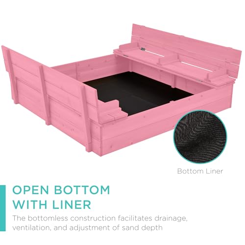Image of Best Choice Products Large Outdoor Wooden Sand Box for Kids, Sandbox with Cover, Bench Seats Support up to 220 lbs, Bottom Liner for Drainage, Cedar Wood - Pink