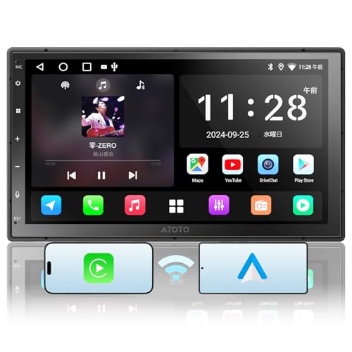 ATOTOZONE A5L 2DIN �f�B�X�v���C�I�[�f�B�I�AAndroid�J�[�i�r 7�C���`�ACarPlay&Android Auto���C�����X�AWi-Fi/Bluetooth/USB �e�U�����O�AAI�Θb�AGPS�ǐՁA24 EQ&DSP�AFM/AM�A2