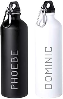 eBuyGB Personalised 800ml Aluminium Reusable BPA Free Matt Water Bottle with Carabiner Clip - Unisex Custom Name - Use for School, Gym, Outdoor, Yoga & Sports (White)