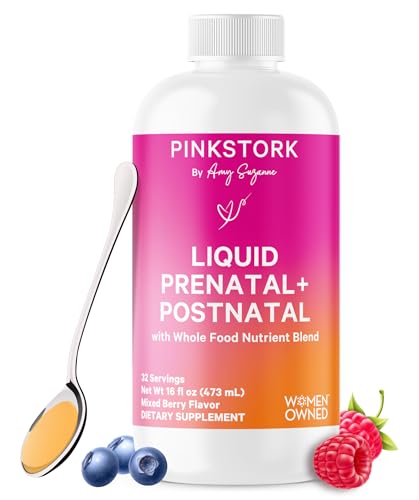 Pink Stork Liquid Prenatal Vitamins for Women - Berry Flavor - Organic Food Blend - for Fertility, Pregnancy, Postpartum- Morning Sickness Support - Breastfeeding and Lactation - 32 Servings