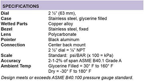 Pic Gauge Pro-202L-254R Glycerin Filled Industrial Center Back Mount Pressure Gauge With Stainless Steel Case, Brass Internals, Plastic Lens, 2-1/2" Dial Size, 1/4" Male Npt, 0/5000 Psi #TOP4