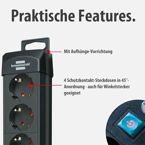 Brennenstuhl Premium-Line Steckdosenleiste 4-Fach (Mehrfachsteckdose mit Schalter und 1,8m Kabel -45° Winkel der Schutzkontakt-Steckdosen, Made in Germany) schwarz