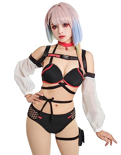 haikyuu Women Lucy Cosplay Bikini Set with Choker Arm Sleeves Goth Swimsuit Rave Swimwear Gothic Bathing Suit