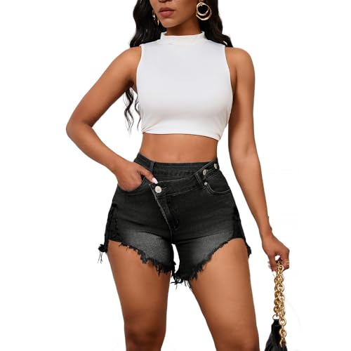 Image of PINSV Women's High Waisted Crossover Jean Shorts Ripped Hem Raw Denim Shorts