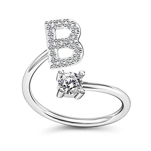 Initial Rings for Teen Girls Silver Initial Letter Ring Adjustable Rings for Women Vsco Rings Dainty Rings Jewelry Gift (Initial CZ-B)