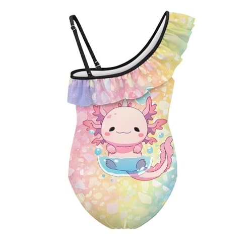 Girls One Piece Swimsuits One Shoulder Ruffle Swim Suits with Adjustable Strap Axolotl Print Summer Bathing Suits2