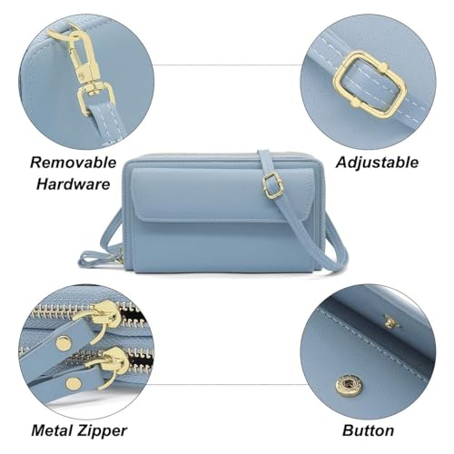 Image of Women Leather Wallet Crossbody Shoulder Bag with Double Zipper and Mobile Phone Purse with Shoulder Strap