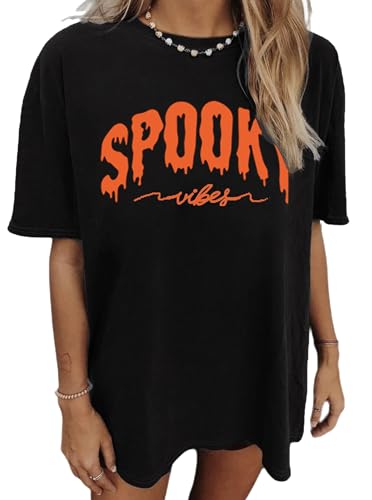 Camisetas de Halloween para mujer, camiseta de temporada espeluznante, con estampado de letras gráficas, camiseta de gran tamaño, camiseta vintage de manga corta, Negro -, XXL