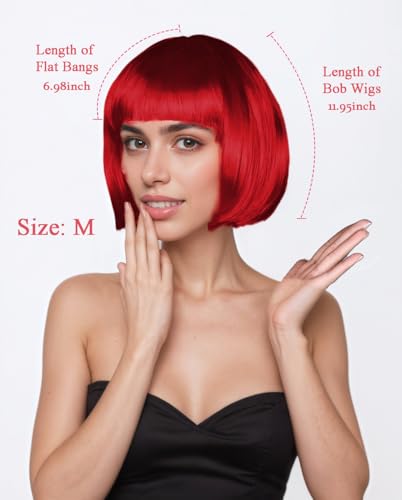 Image of LIULIUBTY Short Bob Hair Wigs Straight with Flat Bangs Synthetic Colorful Cosplay Daily Party Neon Wig for Women + Free Wig Cap 12 inch Natural As Real (Red)