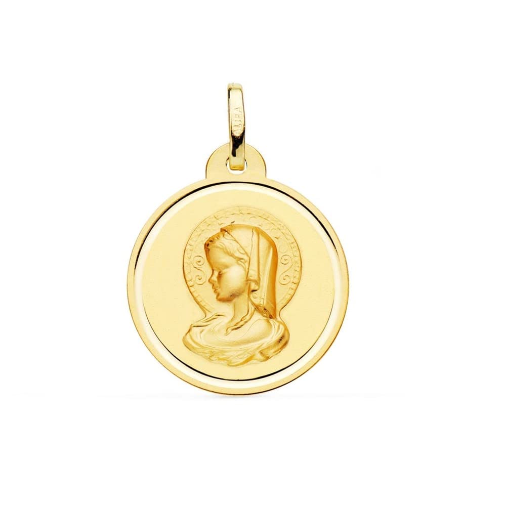 Virgen María medalla oro 18k Primera Comunión colgante 20mm. detalle bisel liso