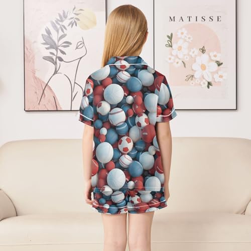 ALAZA Red Blue Ball Soccer Baseball Satin Pajamas Set Short Sleeve Button Down Sleepwear Summer Pjs 2 Piece4