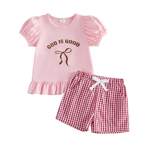 Gureui 3T Toddler Baby Girl Summer Clothes 2T Short Sleeve God is Good Smocked Ruffled T-Shirt Tops and Plaid Shorts Sets 2-3 Year Outfits