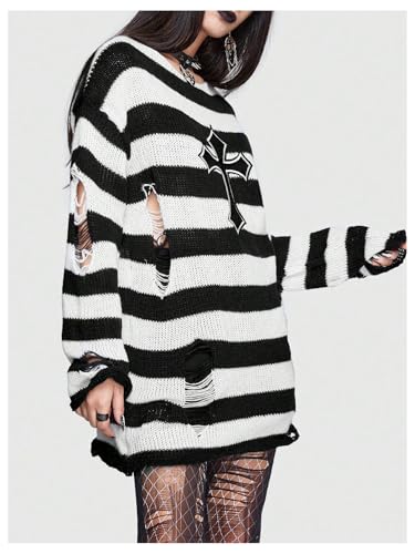 Image of Verdusa Women's Gothic Clothes Striped Sweater Long Sleeve Tops Punk Oversized Sweaters Ripped Sweater Dress Black and White X-Large