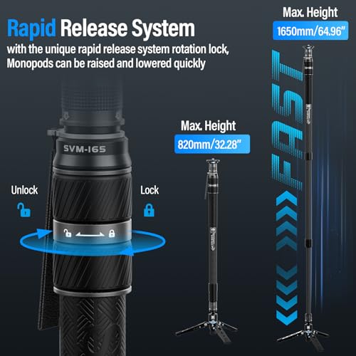 SIRUI SVM-165 Rapid Monopod for Cameras, 65” Carbon Fiber Monopod with Feet, One-Step Rapid Height Adjustment, Lightweight Travel Mono pod for DSLR Camera, Modular 3 in 1, Max Load 22lbs - Image 3