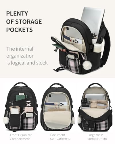 Image of Cute School Backpack for Teen Girls, 3Pcs Kids Bookbag with Lunch Box Pencil Pouch for Elementary Middle High School College, Water Resistant Laptop Backpacks Back to School Gift Black Pink Tartan