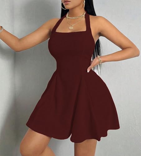 Image of PerZeal Women's Summer Halter Dress Backless Mini Beach Party Dress Sleeveless A-Line Sundress Casual Club Dress