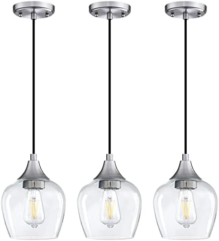 Dolaimy House 3 Pack 1 Light Indoor Mini Hanging Kitchen Island Pendant Light,Brushed Nickel Finish with Clear Glass Chandelier Shade for Bar, Dining Room