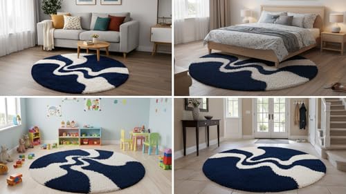 Image of Vintage Threads (Blue 3D 5x5 Ft Shaggy Carpet for Living Room & Bedroom | Ultra Soft Plush Long Pile Rug | Thick Fluffy 3D Modern Floor Carpet | Cozy Luxury Home Decor Rug