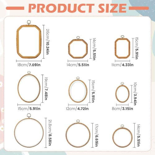 Image of 9 Pcs Large Embroidery Frame Decorative Imitated Wood Display Embroidery Hoop Circle Oval Octagonal Cross Stitch Hoop Ring for Art Craft DIY Sewing and Hanging Ornaments Decor(Color:Brown)