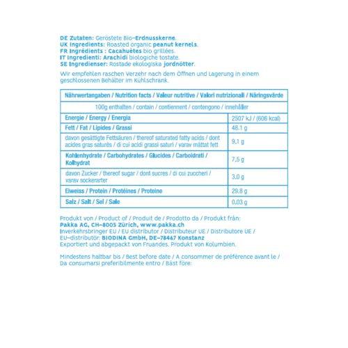 PAKKA aromatische Premium Bio Fair Trade Erdnusskerne geröstet ohne Salz 1kg, Öko geröstete ungesalzene Erdnüsse direkt hergestellt und abgefüllt vom Produzenten in Kolumbien, vegan 1000g