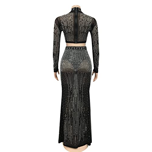 Zoctuo Women's Sexy Bodycon Dress Rhinestone Mesh See Through Party Dress Long Sleeve 2 Piece Clubwear(5379,Black,Xxl) #TOP4