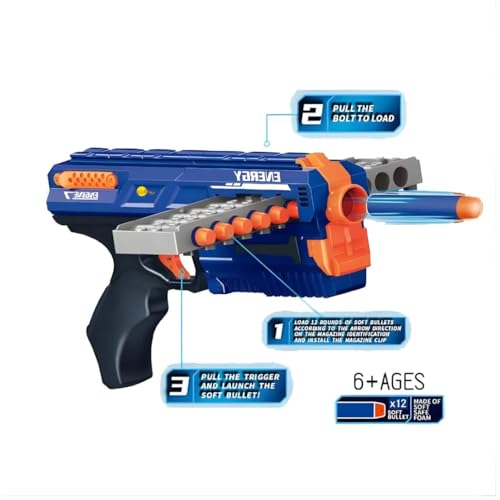 Image of Kidoyz Mega Shooter Foam Dart Gun for Kids with 12 Soft Bullets | Manual Blaster Toy with 12-Dart Continuous Rapid Fire | Safe Shooting Game for Boys & Girls 6 7 8 10 Years | Birthday Gift (Blue)