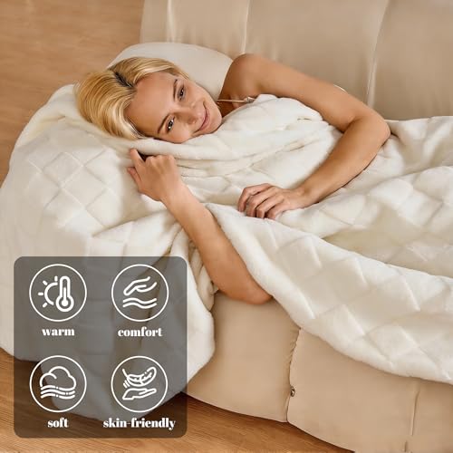 Image of IUUI Heated Blanket Electric Throw Checkered- 50x60 Inches Soft Flannel Heating Blanket,Fast Heating Blanket 6 Heating Levels & 2 Hours Auto Off ETL Certification (Cream White)