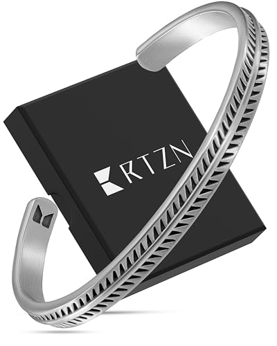 RTZN Cuff Bracelet for Men Premium Stainless Steel Mens Bangle Bracelets Silver Mens Cuff Bracelet Waterproof & Non-Tarnish Minimal Men Western Bracelet (Feather Bone Medium)