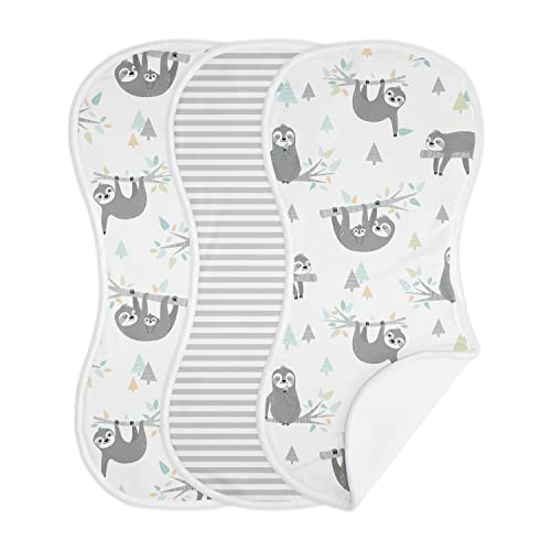 Image of Sweet Jojo Designs Blue Jungle Sloth Baby Boy Girl Absorbent Burp Cloths Infant Newborn Turquoise Grey and Green Tropical Gender Neutral Botanical Leaf Rainforest Animal 3 Pack Set Dribble Drool