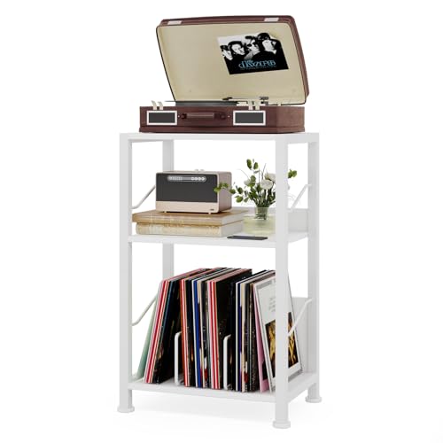 Hosfais 3 Tier Record Player Stand Retro Vinyl Record Storage End Table Records Shelf for Living Room Bedroom (White)