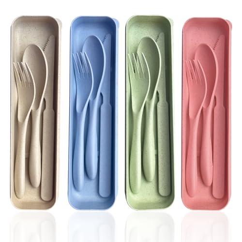 RYHHH Set De Cubiertos De Viaje Para 4 Personas, Tenedor De Viaje, Cuchillo y Cuchara, Juego De Cubiertos De Camping Portátiles,Adecuado Para Viajes, Trabajo, Escuela, Picnic,Barbacoas o Uso Diario