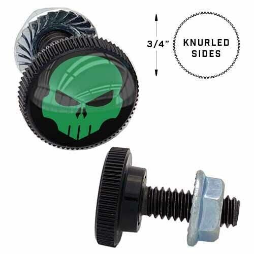 2 SM Black Knurled - License Plate Frame Fastener Tag Bolts - Green Skull G B Style-9856-3111