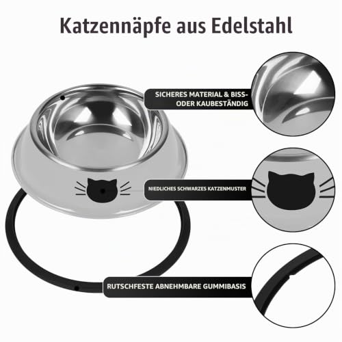Serentive 2 Stück rutschfeste kleine Katzenfutternäpfe aus Edelstahl, unzerbrechlicher, Dicker Katzenfutterspender, 200 ml Katzennäpfe, Abnehmbarer Gummiboden, leicht zu reinigen, Grau
