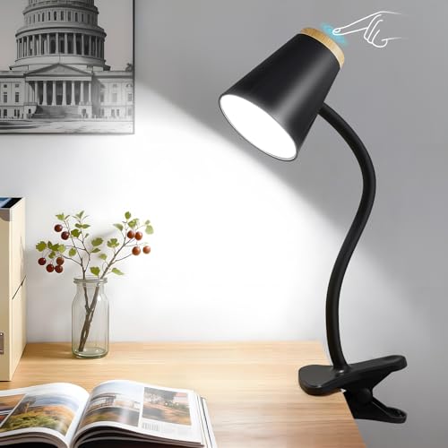 Image of EJIAXIN Clip on Desk Lamp for Home Office - Small LED Touch Dimmable Reading Light for College Dorm Room - Adjustable Flexible Gooseneck Clamp Light Table Lamp for Bedside Bedroom Bed Headboard Black