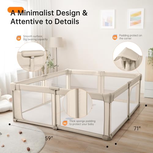 Image of Foldable Baby Playpen,Portable Indoor & Outdoor Playpen for Babies and Toddlers,71 inchx79 inchExtra Large Play Pen with Gate,Collapsible Baby Fence with Travel Bag(Light Khaki)