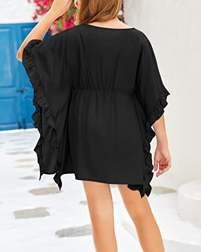 Eurivicy Girl's Swimsuit Cover Up Kids Summer Solid Wraps Swimwear Tassel Elastic Waist Ruffled Beach Dress Black #TOP3