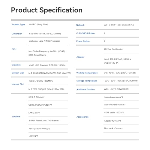 Beelink Mini PC, Mini S12 Intel 12th Gen Alder Lake-N N95 (4C/4T, hasta 3.4GHz), 12GB LPDDR5 RAM 512GB M.2 2280 SSD, Mini Ordenador de Sobremes 4K Dual HDMI/WiFi5/BT4.2/2.5G LAN para Hogar/Oficina