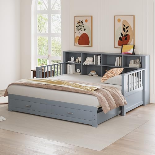 Sofá cama, cama de día extensible, sofá cama extensible de madera maciza de 90/180 x 190 cm, armario de almacenamiento con enchufe de carga en el respaldo lateral, con 2 cajones y somier, cama de pino