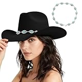 Western Cowboy Hat for Women Men Classic Felt Cowgirl Hat with Turquoise Silver Chain Band Wide Brim, Fits Most Adult Sizes (Black)
