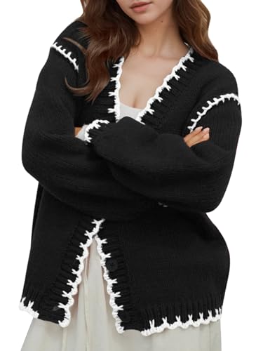 Image of YKR Chunky Knit Cardigan for Women Open Front Contrast Trim Sweaters Button Down Long Sleeve V-Neck Outerwear Coats