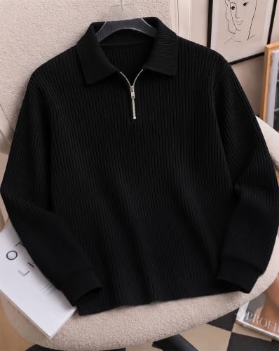 Image of AUSK Men's Cotton Blend Rib Knit Textured Full Sleeve Polo T-Shirt | Regular Fit Zip Polo Neck Smart Casual T Shirt for Men | Stylish Fashion & Casual Wear Tshirt for Men